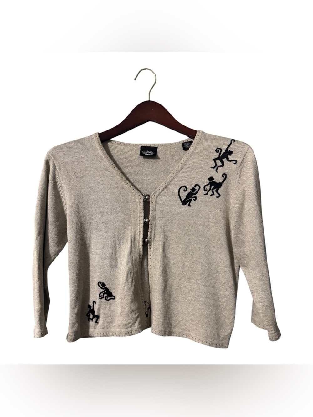 Vintage Christina Rotelli Safari Monkey Linen Blend Cardigan Sweater Small